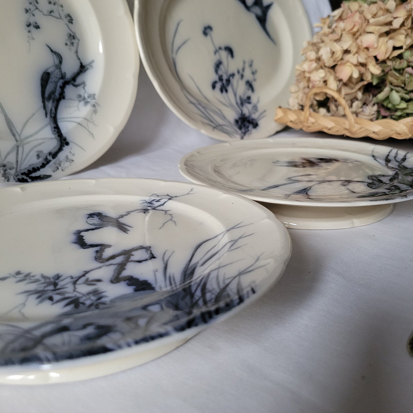 Stunning 48pc French antique dinner service, 12 place Aesthetic bird & floral flow blue / white transferware 'Japonais' c1880 Longwy, France