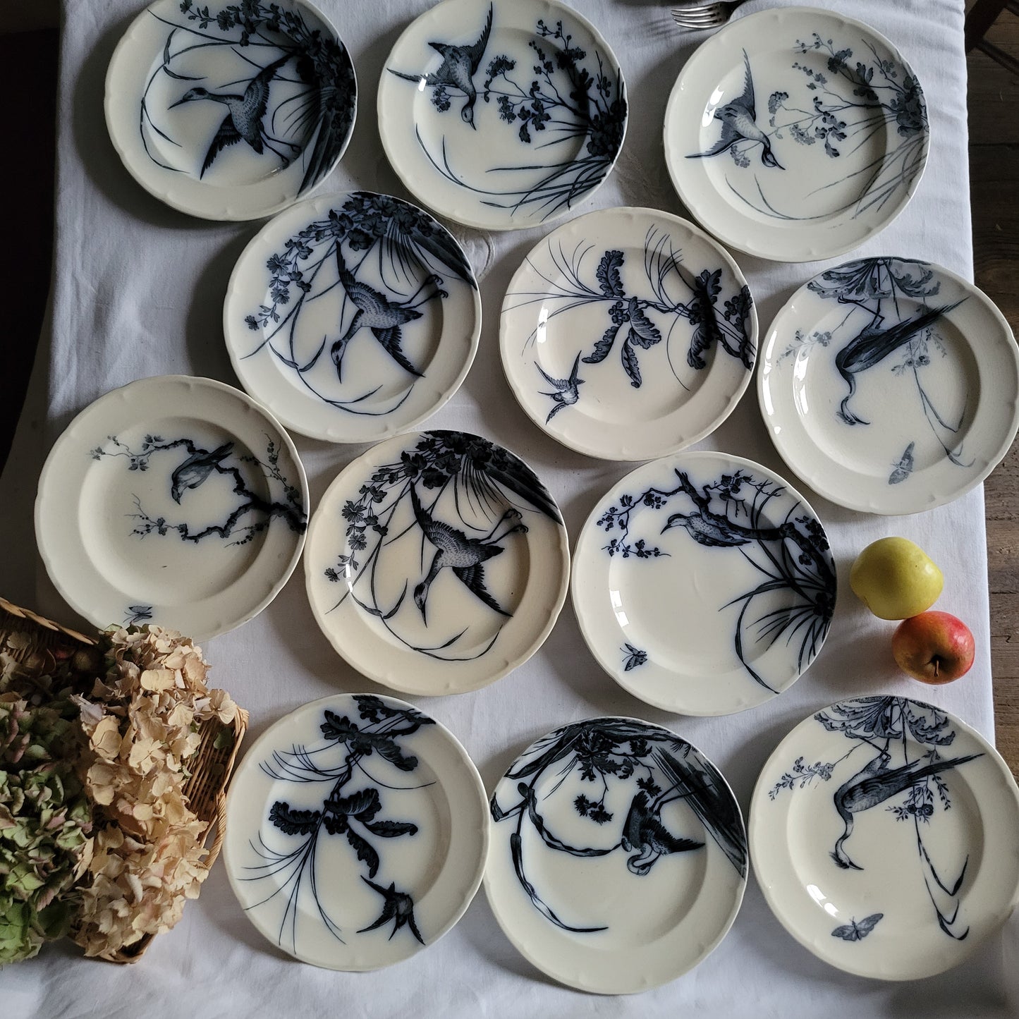 Stunning 48pc French antique dinner service, 12 place Aesthetic bird & floral flow blue / white transferware 'Japonais' c1880 Longwy, France