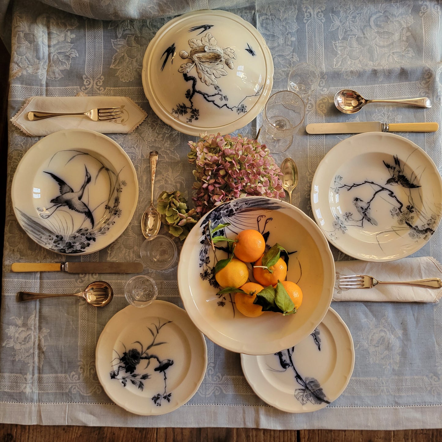 Stunning 48pc French antique dinner service, 12 place Aesthetic bird & floral flow blue / white transferware 'Japonais' c1880 Longwy, France