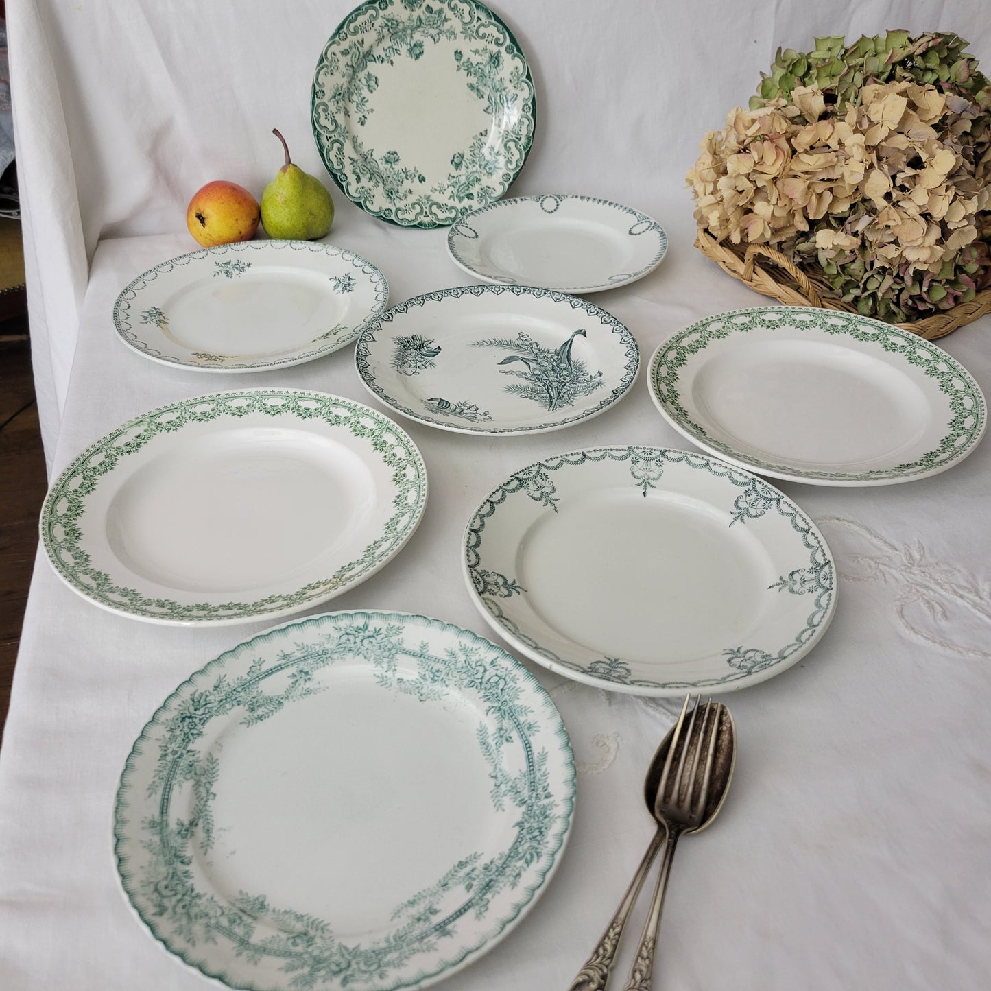 Set 8 antique mismatched green & white ironstone side plates farmhouse / cottage style