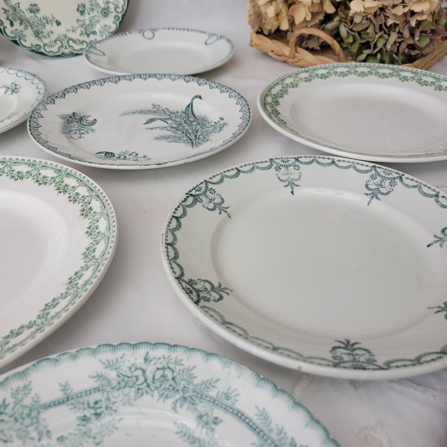 Set 8 antique mismatched green & white ironstone side plates farmhouse / cottage style