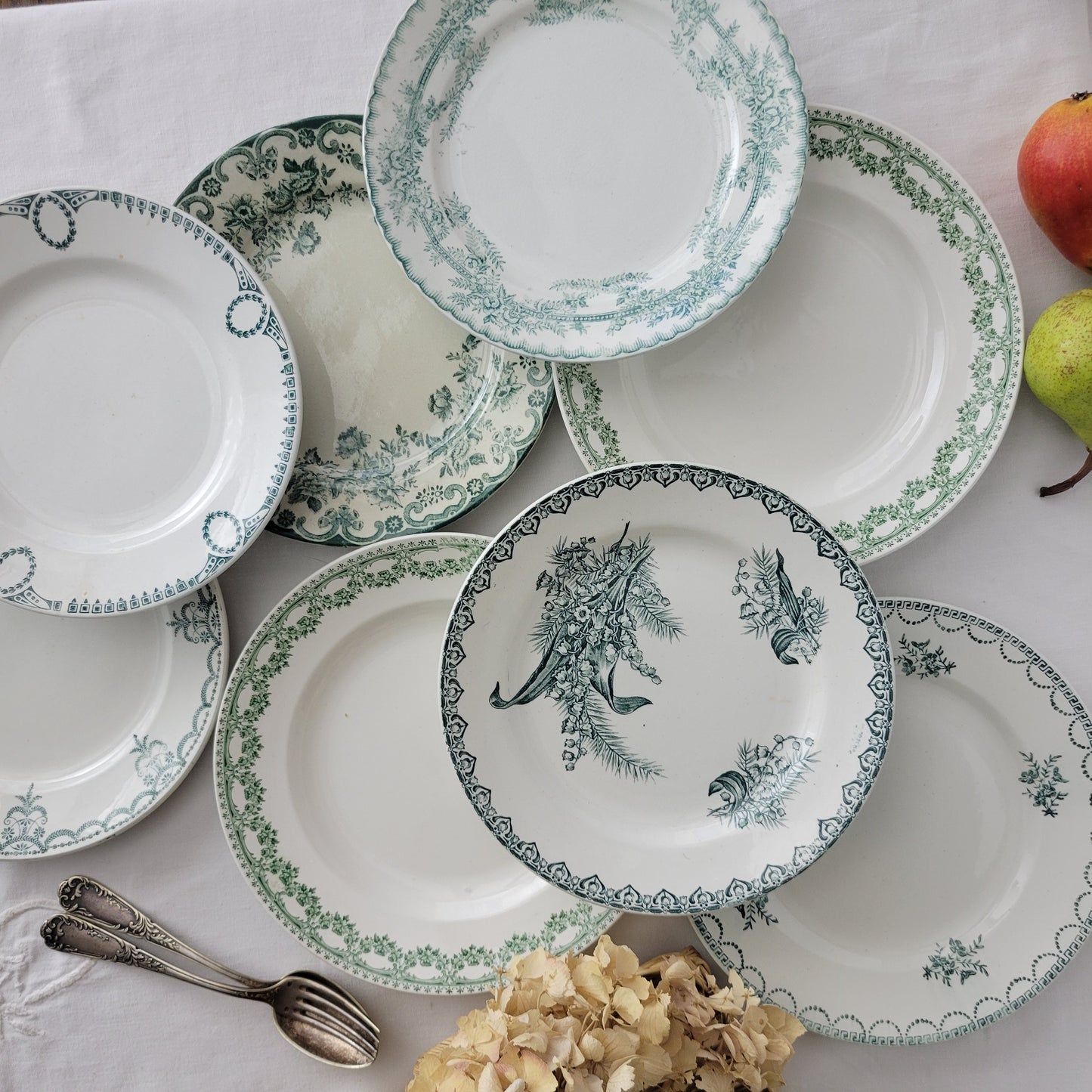 Set 8 antique mismatched green & white ironstone side plates farmhouse / cottage style