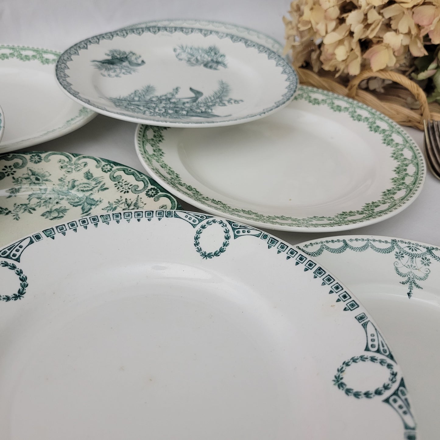 Set 8 antique mismatched green & white ironstone side plates farmhouse / cottage style