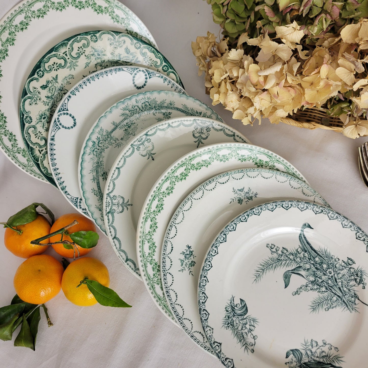 Set 8 antique mismatched green & white ironstone side plates farmhouse / cottage style