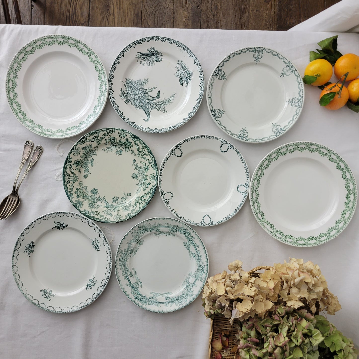 Set 8 antique mismatched green & white ironstone side plates farmhouse / cottage style