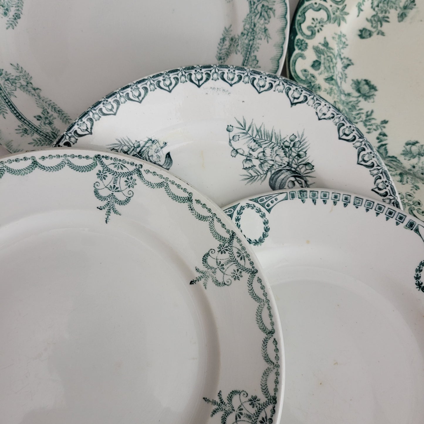 Set 8 antique mismatched green & white ironstone side plates farmhouse / cottage style