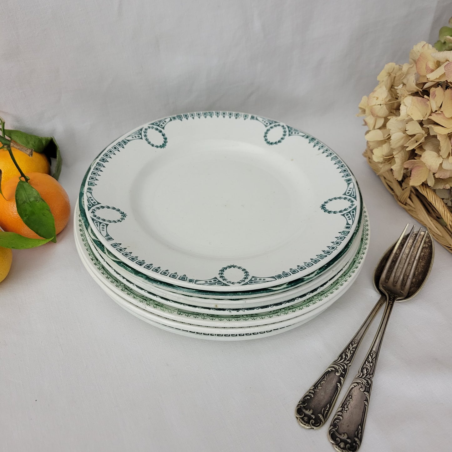 Set 8 antique mismatched green & white ironstone side plates farmhouse / cottage style