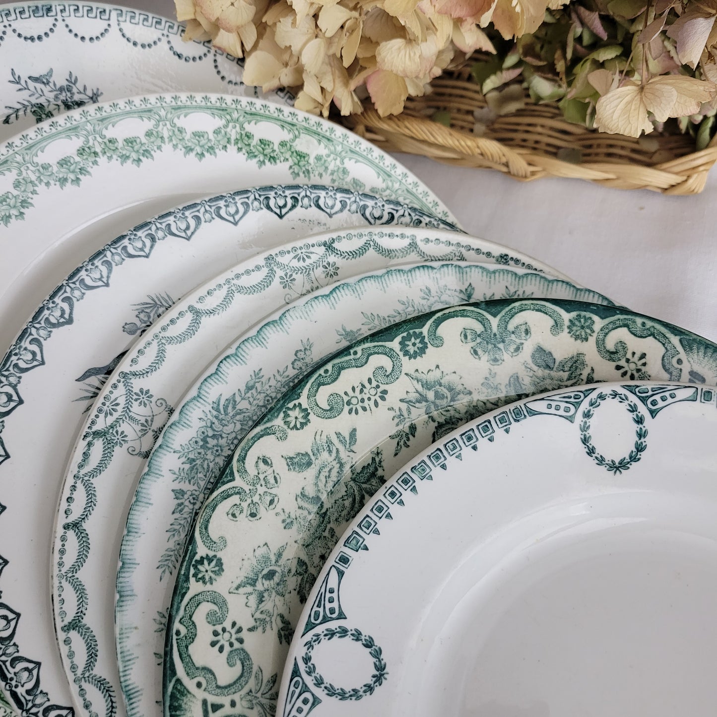 Set 8 antique mismatched green & white ironstone side plates farmhouse / cottage style