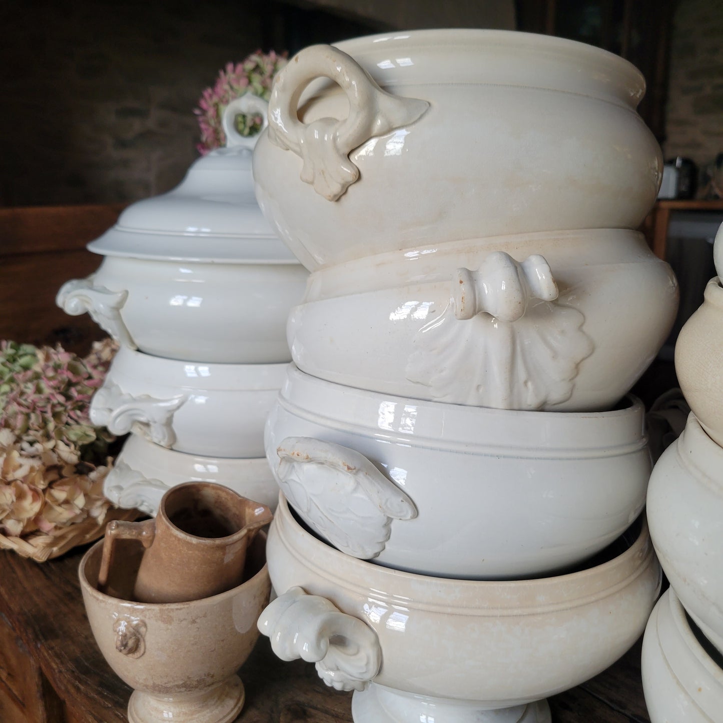 French white ironstone soup tureen, Creil et Montereau, c1880, shabby w tea stain patina