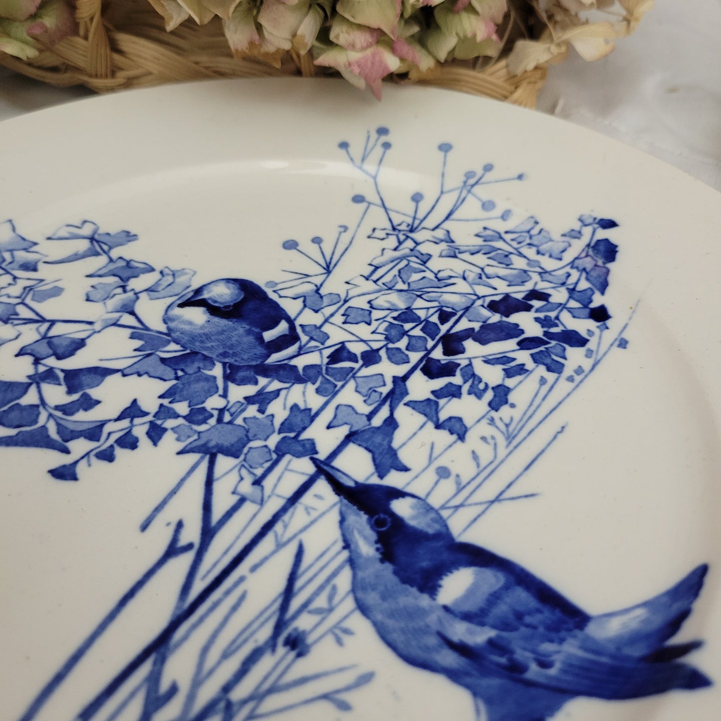 Antique Pierre Mallett 'Canova' ornithological bird plate Staffordshire c1868 blue & white, Brown Westhead Moore for E Bourgouis Paris