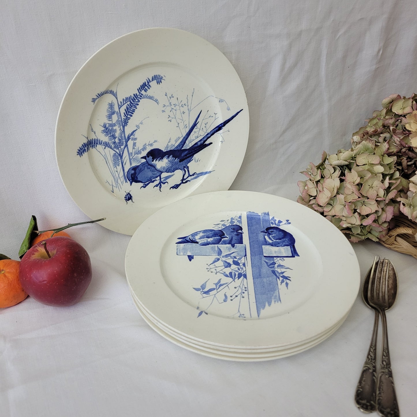 Antique Pierre Mallett 'Canova' ornithological bird plate Staffordshire c1868 blue & white, Brown Westhead Moore for E Bourgouis Paris