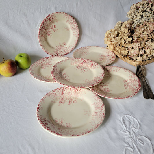 French antique red floral SET of 6 ironstone side plates, red transferware, 'Fleurs d'Automne' Gien France c1890