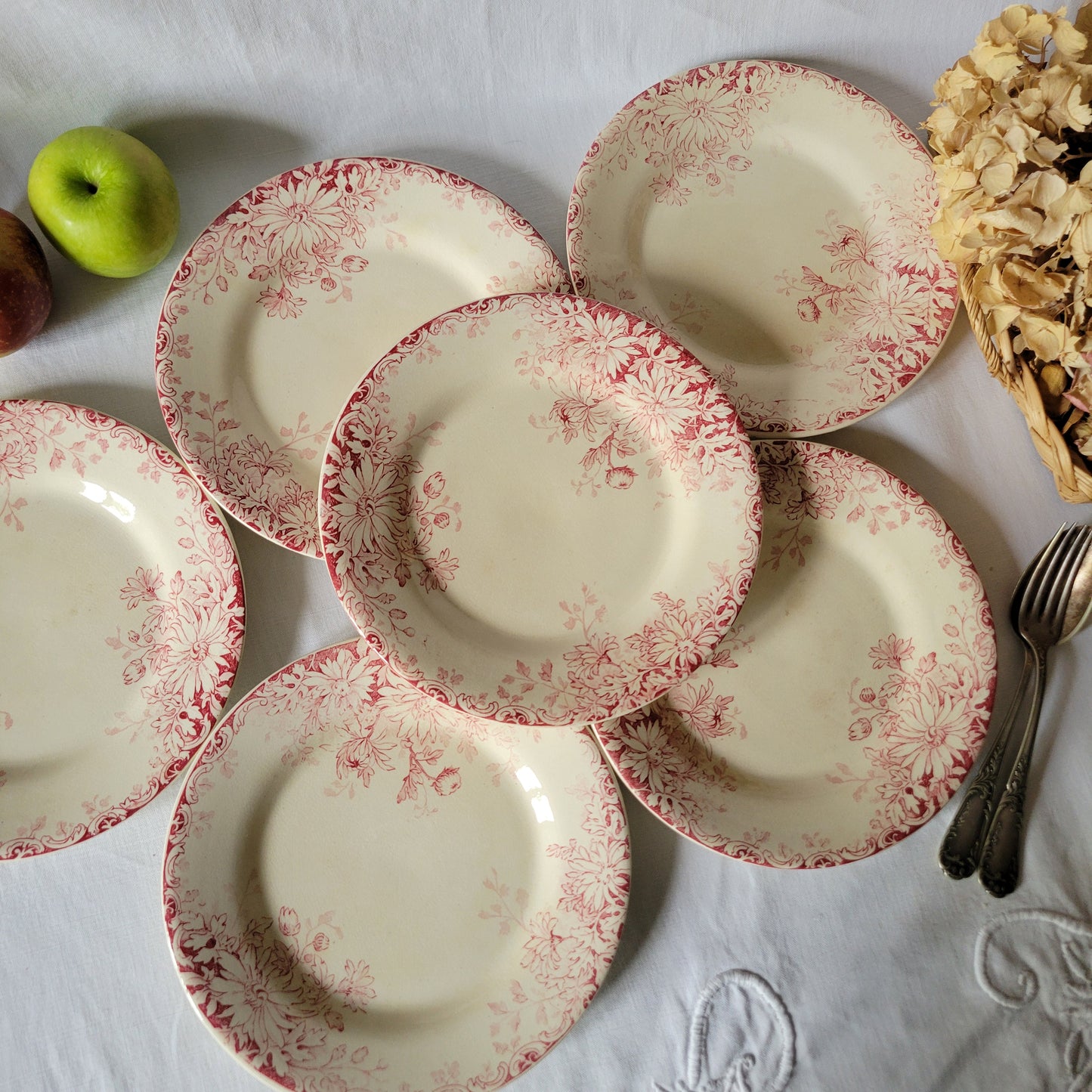 French antique red floral SET of 6 ironstone side plates, red transferware, 'Fleurs d'Automne' Gien France c1890