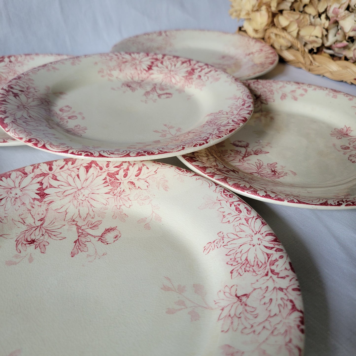 French antique red floral SET of 6 ironstone side plates, red transferware, 'Fleurs d'Automne' Gien France c1890