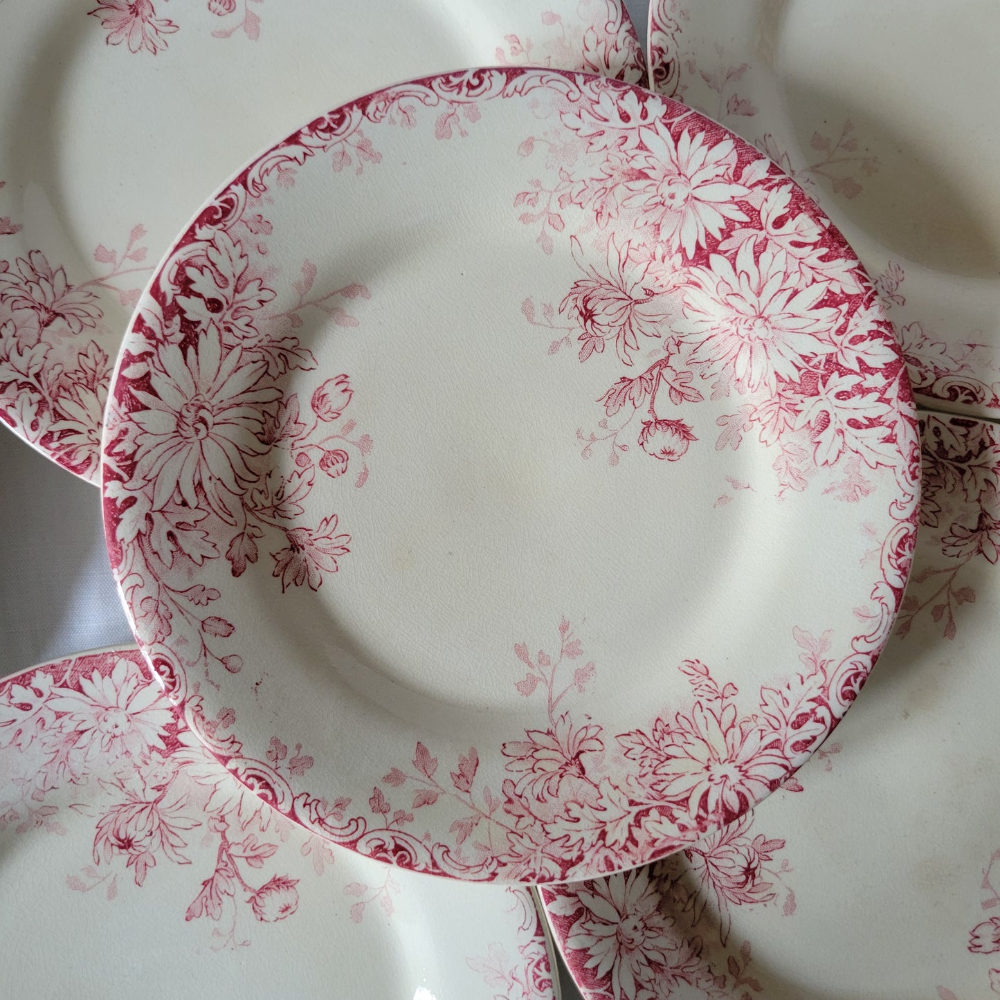 French antique red floral SET of 6 ironstone side plates, red transferware, 'Fleurs d'Automne' Gien France c1890