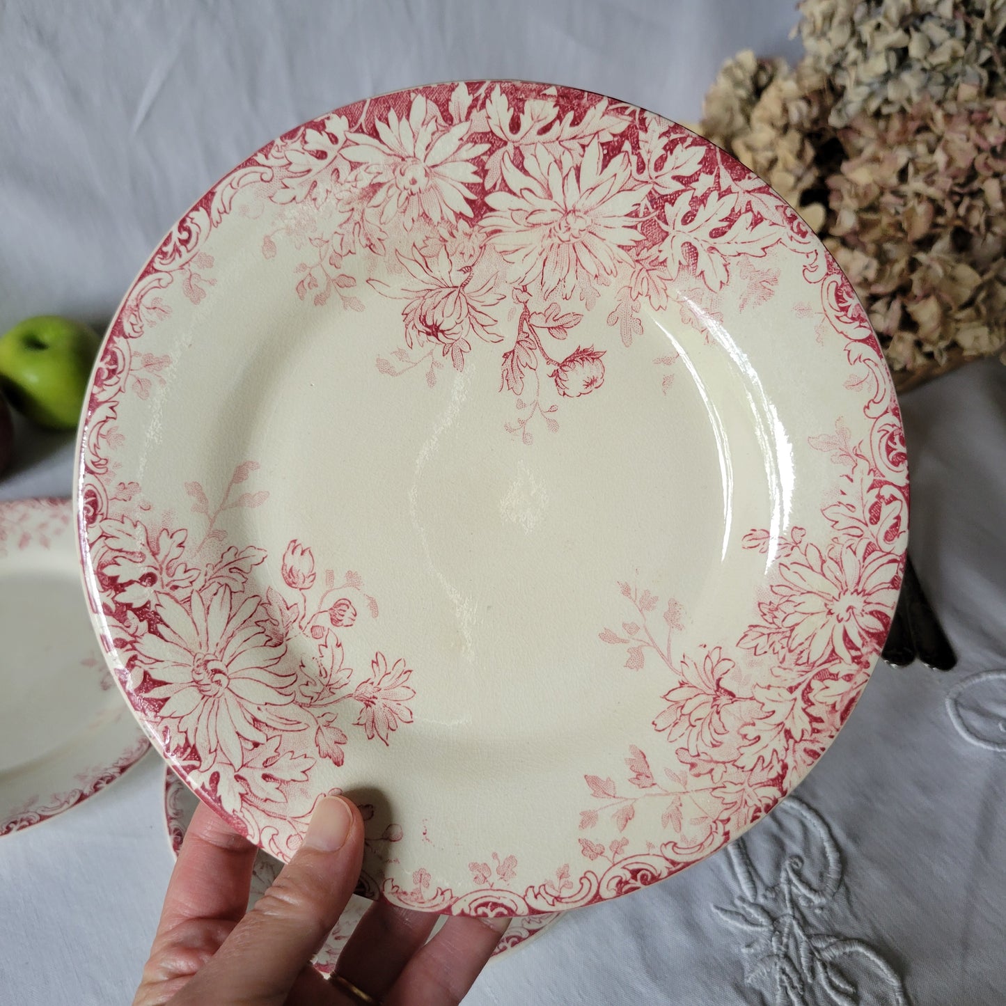 French antique red floral SET of 6 ironstone side plates, red transferware, 'Fleurs d'Automne' Gien France c1890