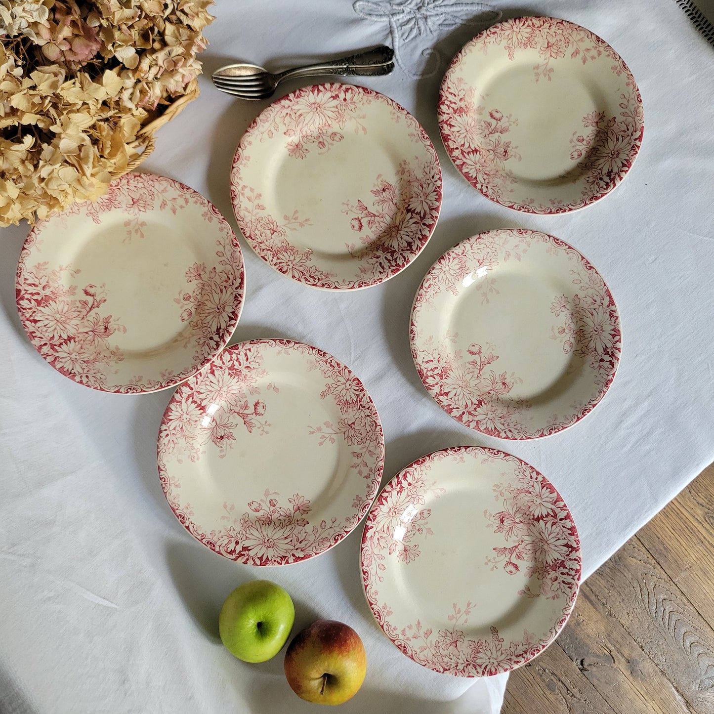 French antique red floral SET of 6 ironstone side plates, red transferware, 'Fleurs d'Automne' Gien France c1890