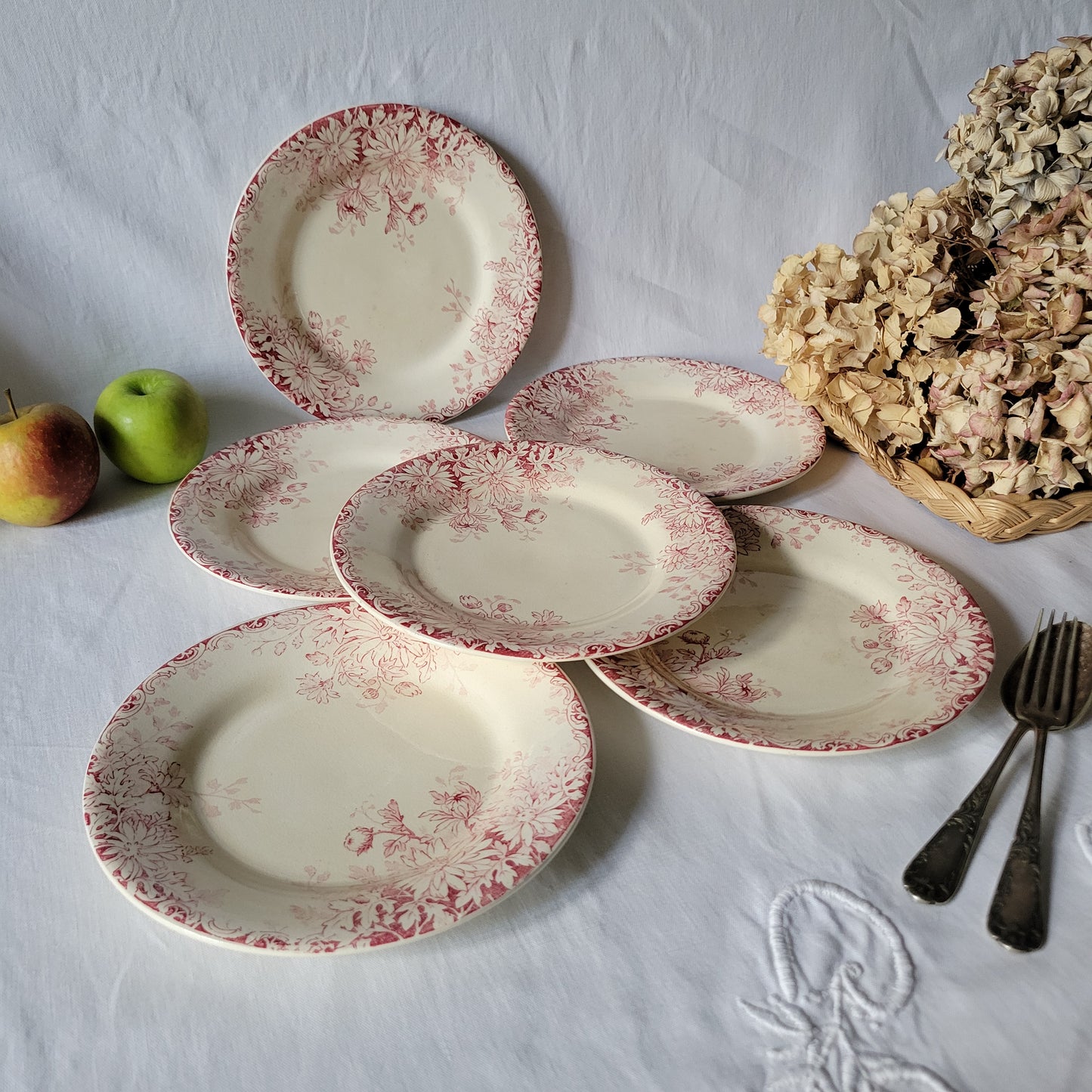 French antique red floral SET of 6 ironstone side plates, red transferware, 'Fleurs d'Automne' Gien France c1890