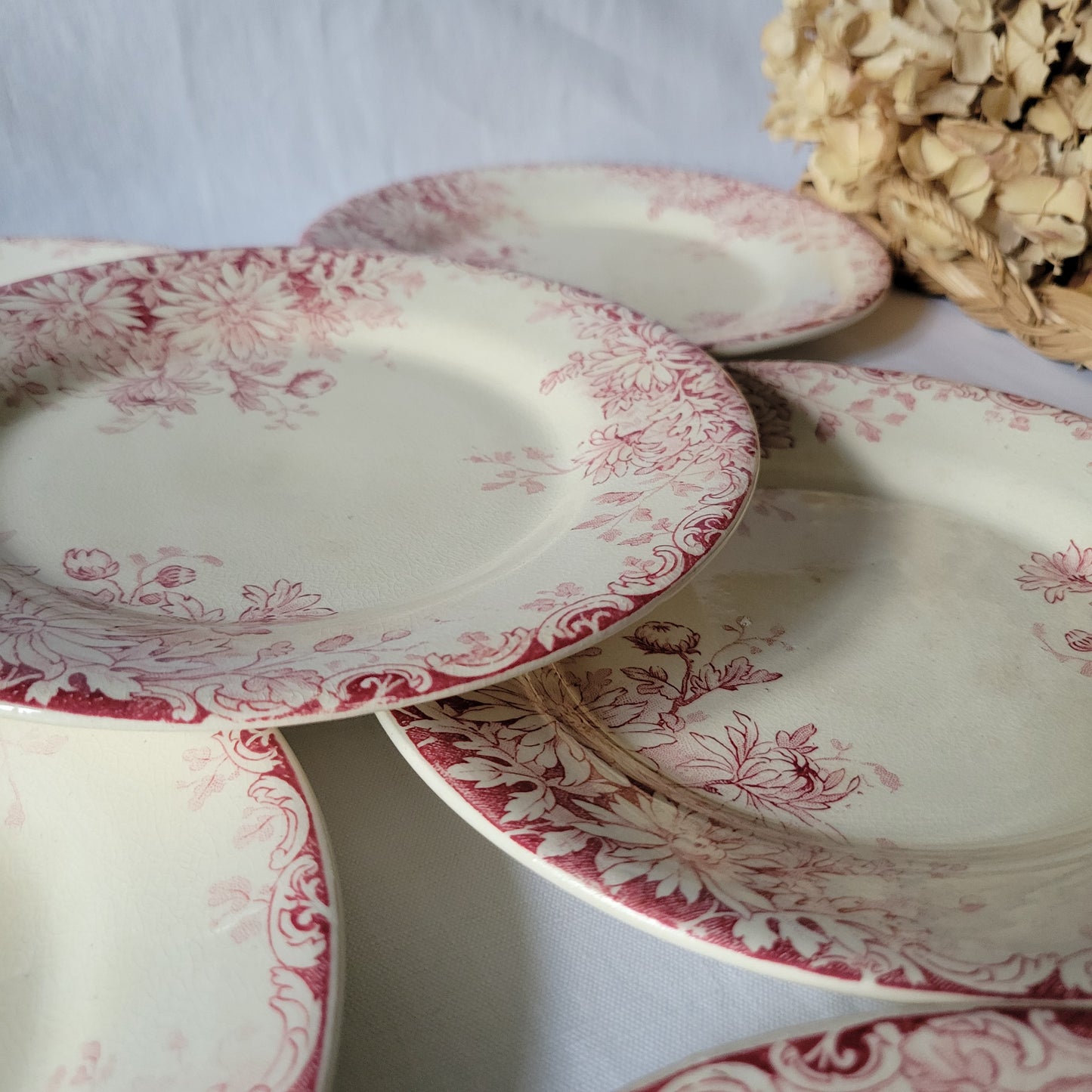 French antique red floral SET of 6 ironstone side plates, red transferware, 'Fleurs d'Automne' Gien France c1890