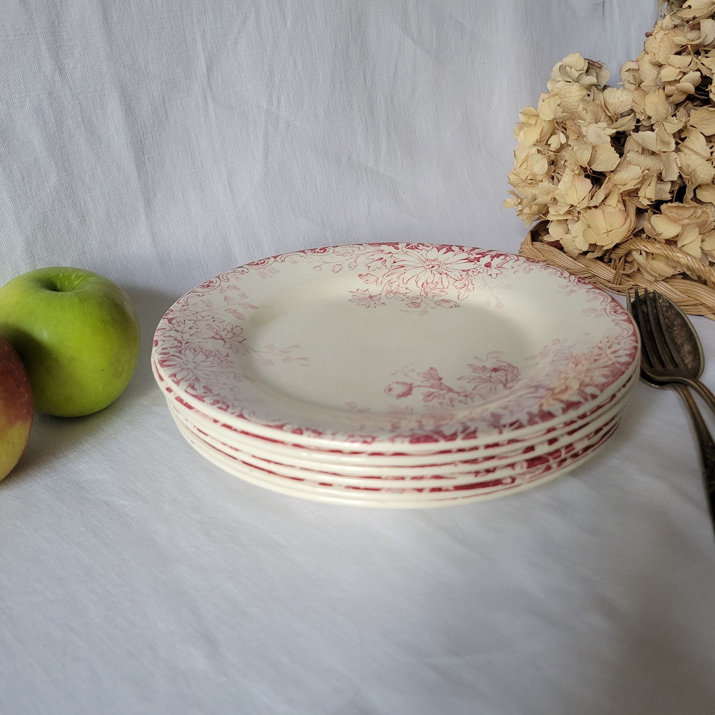 French antique red floral SET of 6 ironstone side plates, red transferware, 'Fleurs d'Automne' Gien France c1890