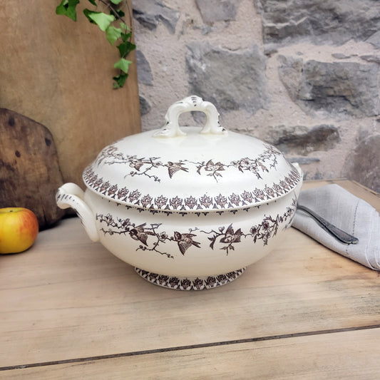 Brown transferware soup tureen with bird & blossom pattern, floral French ironstone from Choisy le Roi, c1890, excellent condition