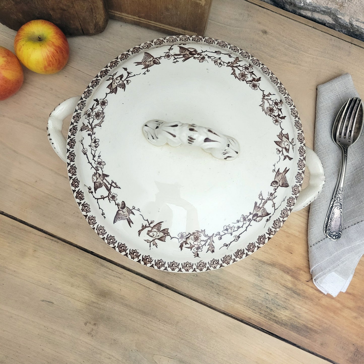 Brown transferware soup tureen with bird & blossom pattern, floral French ironstone from Choisy le Roi, c1890, excellent condition