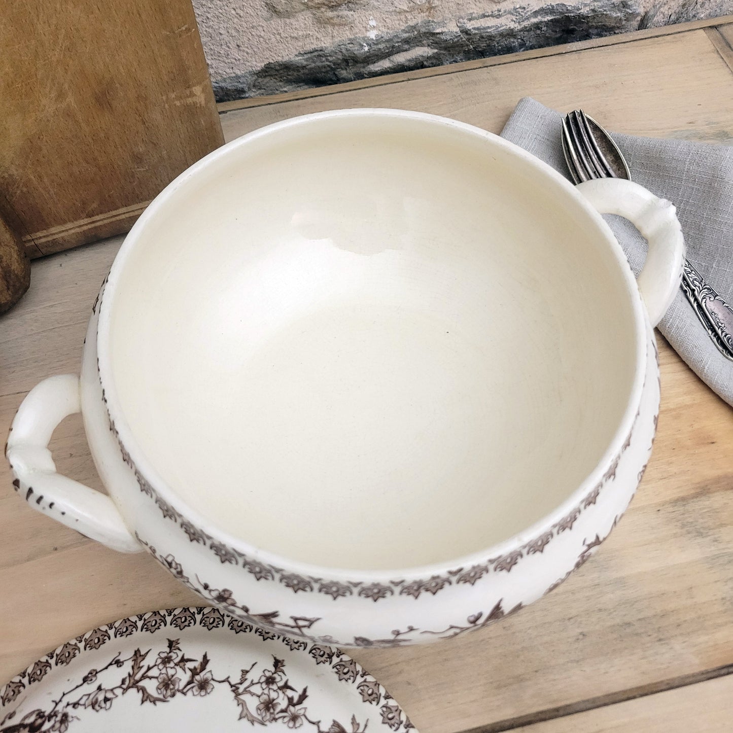 Brown transferware soup tureen with bird & blossom pattern, floral French ironstone from Choisy le Roi, c1890, excellent condition