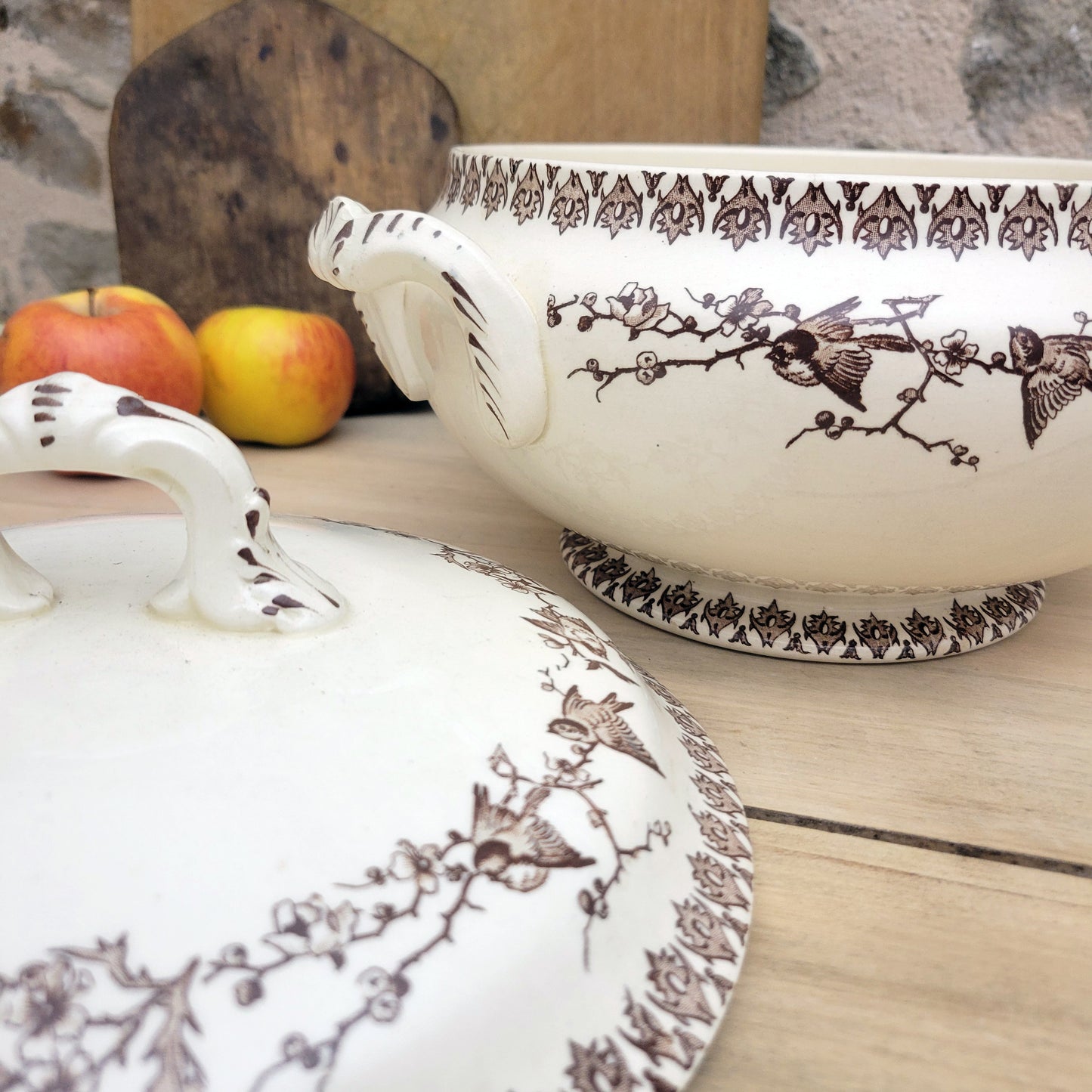 Brown transferware soup tureen with bird & blossom pattern, floral French ironstone from Choisy le Roi, c1890, excellent condition