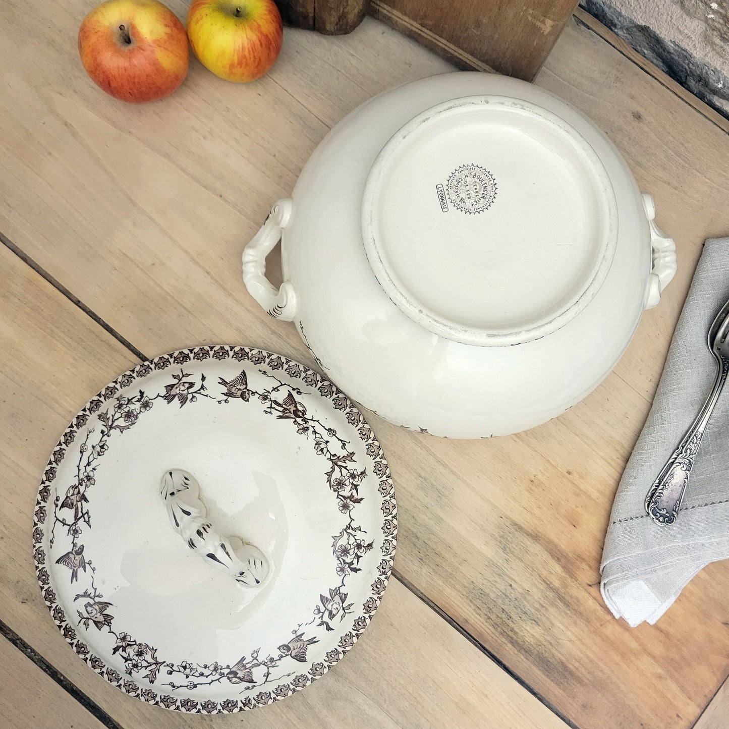 Brown transferware soup tureen with bird & blossom pattern, floral French ironstone from Choisy le Roi, c1890, excellent condition