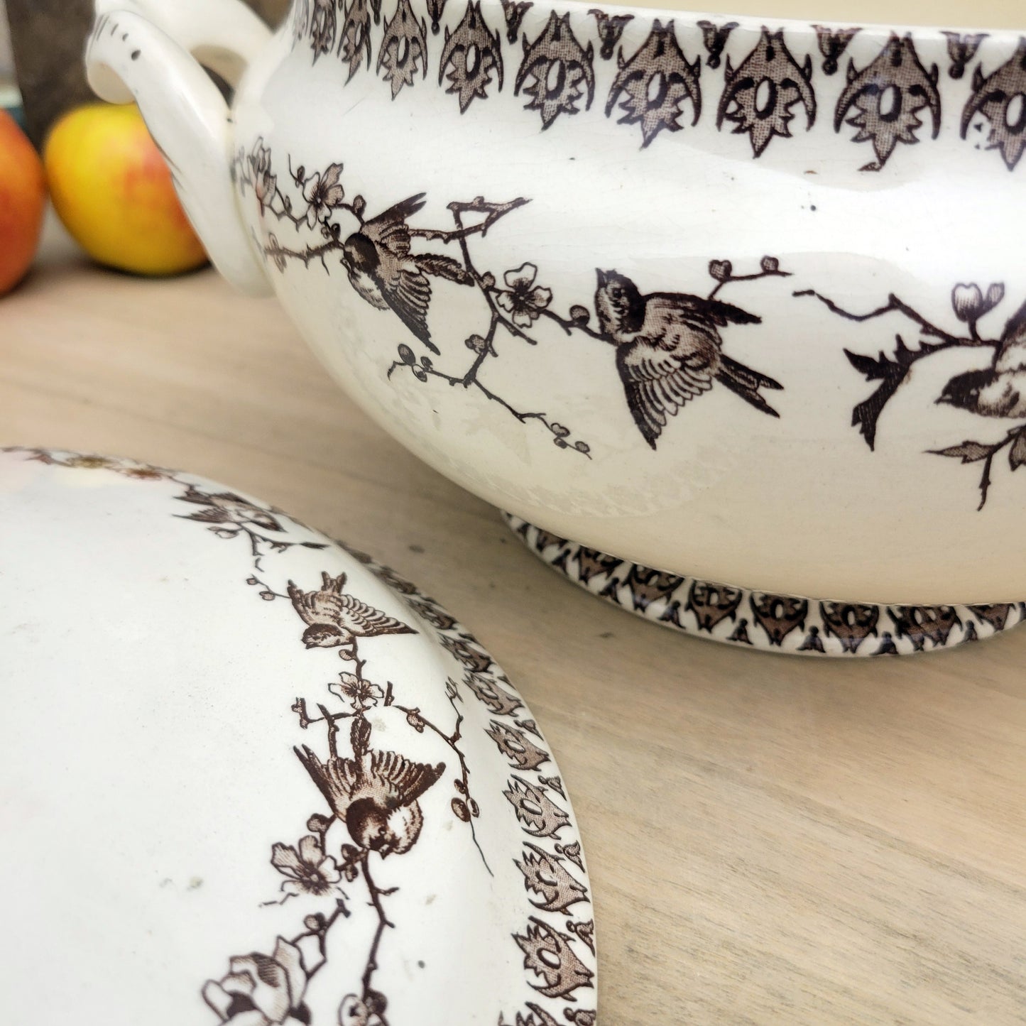 Brown transferware soup tureen with bird & blossom pattern, floral French ironstone from Choisy le Roi, c1890, excellent condition