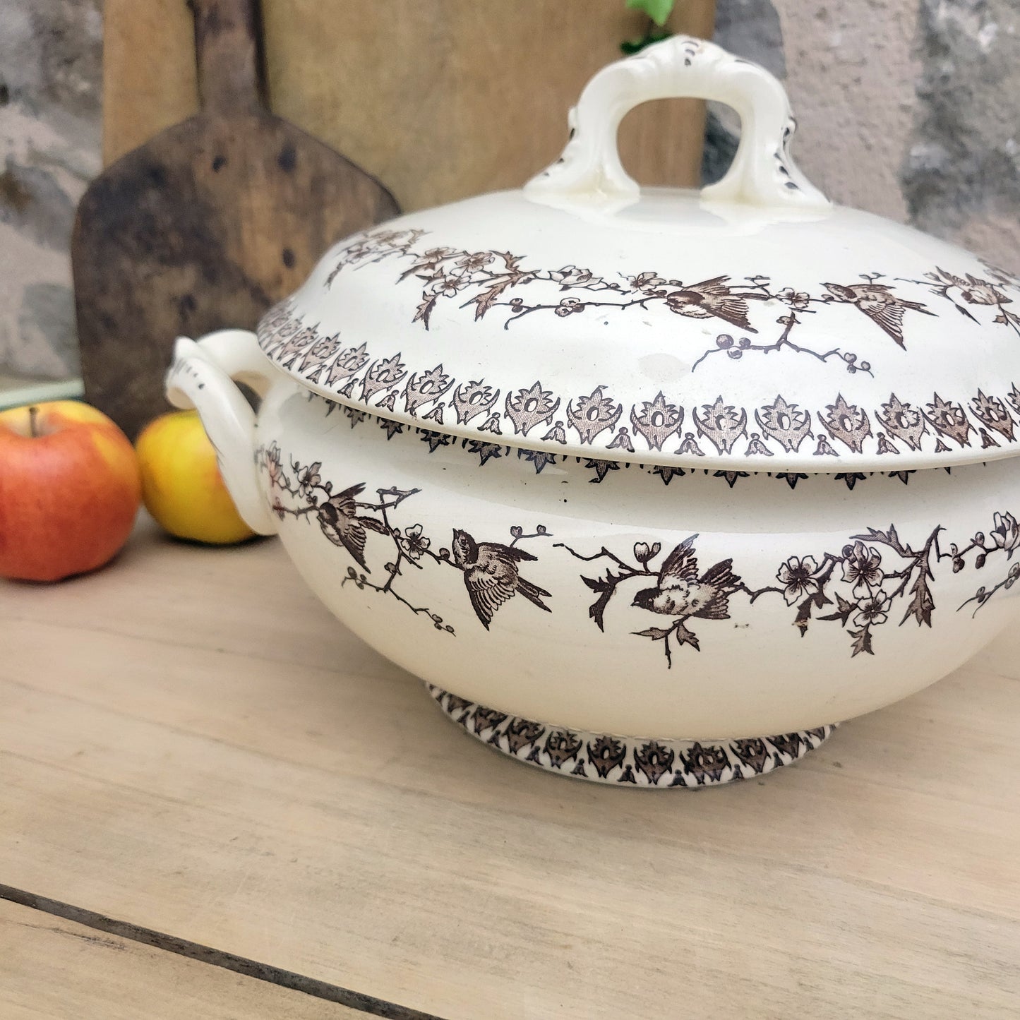 Brown transferware soup tureen with bird & blossom pattern, floral French ironstone from Choisy le Roi, c1890, excellent condition