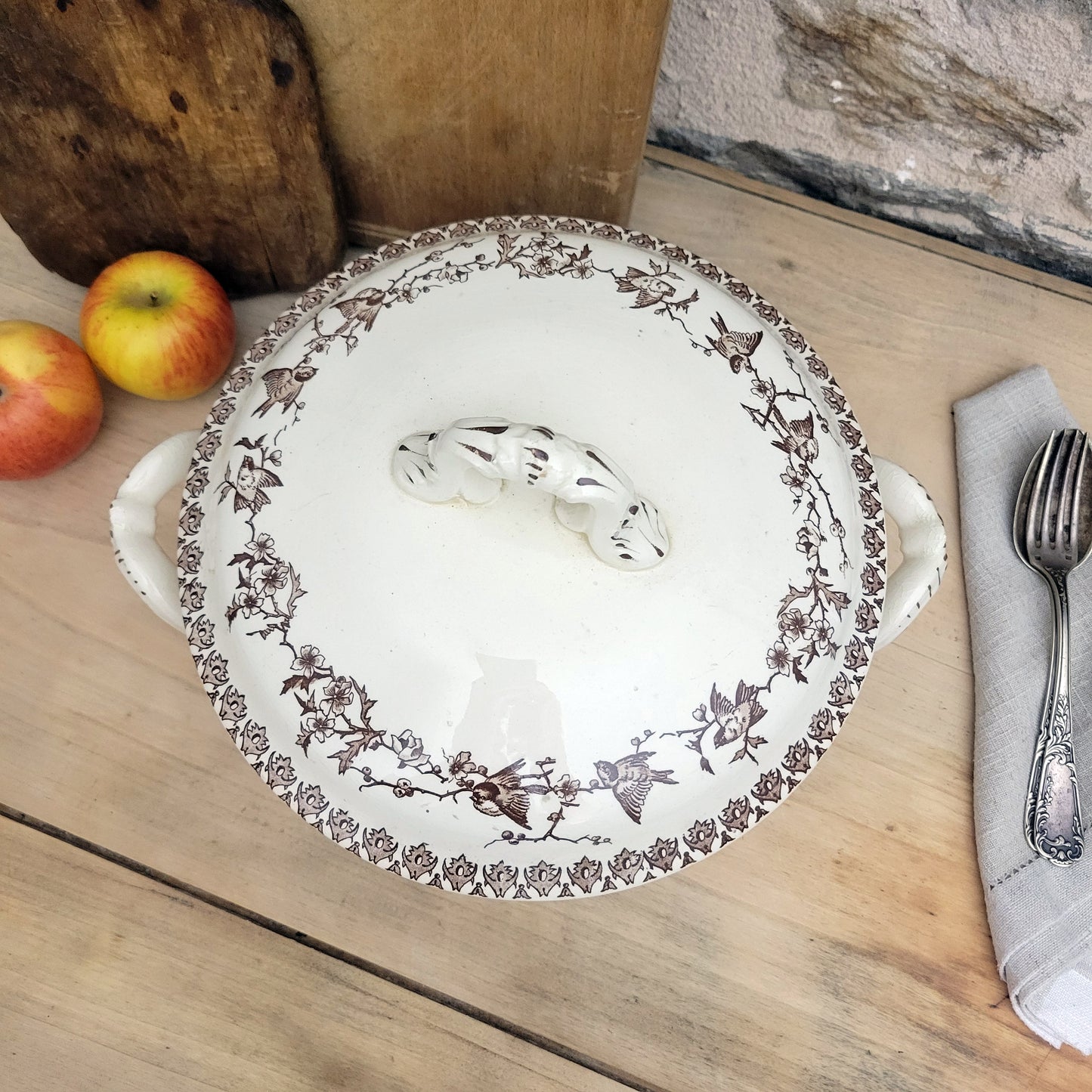 Brown transferware soup tureen with bird & blossom pattern, floral French ironstone from Choisy le Roi, c1890, excellent condition