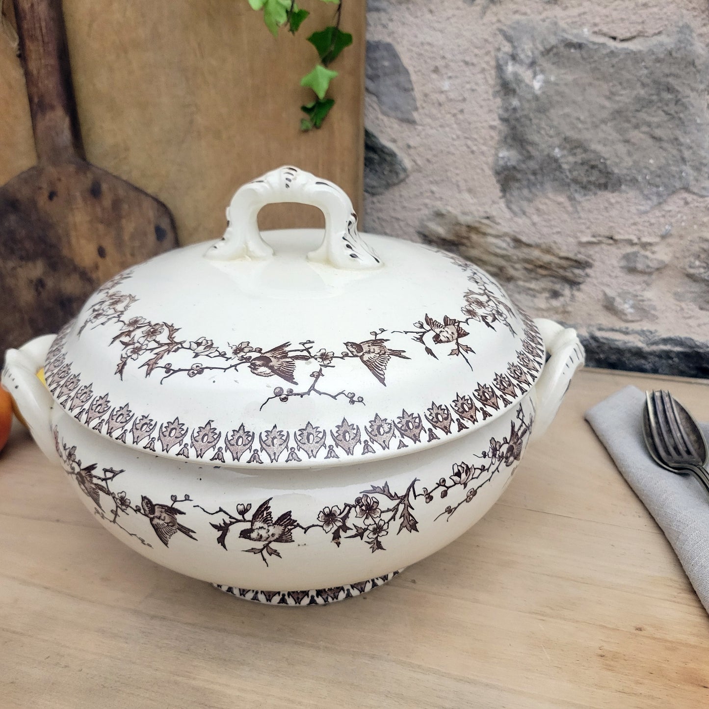 Brown transferware soup tureen with bird & blossom pattern, floral French ironstone from Choisy le Roi, c1890, excellent condition