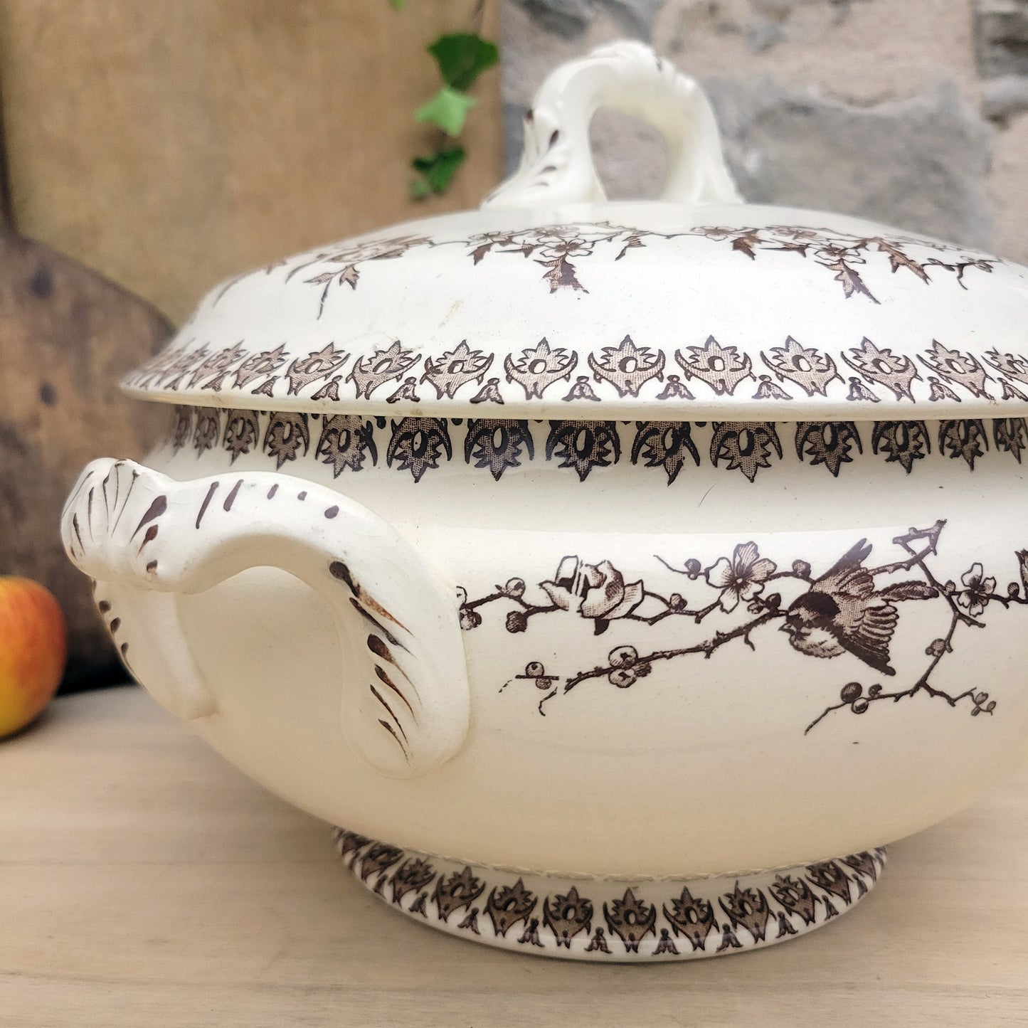 Brown transferware soup tureen with bird & blossom pattern, floral French ironstone from Choisy le Roi, c1890, excellent condition