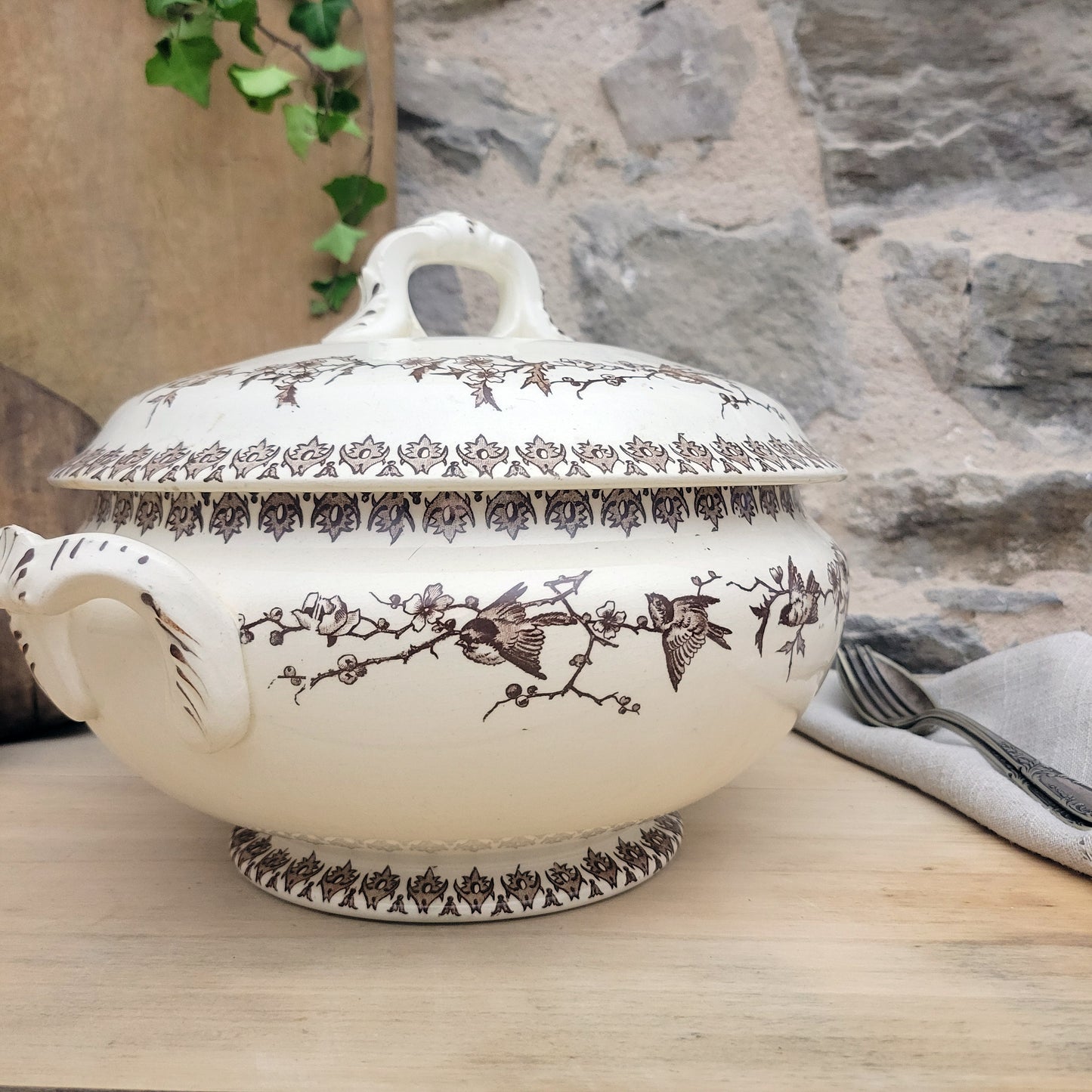 Brown transferware soup tureen with bird & blossom pattern, floral French ironstone from Choisy le Roi, c1890, excellent condition