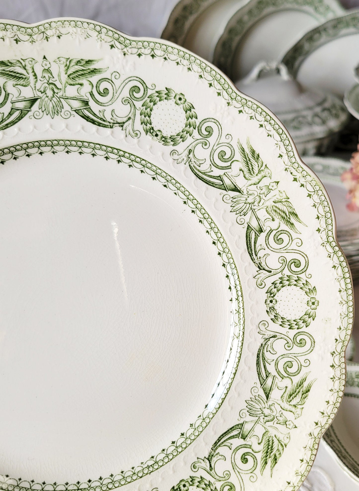 Set of 16 Antique Ridgway Dessert Plates: Green Transferware Empire Pattern