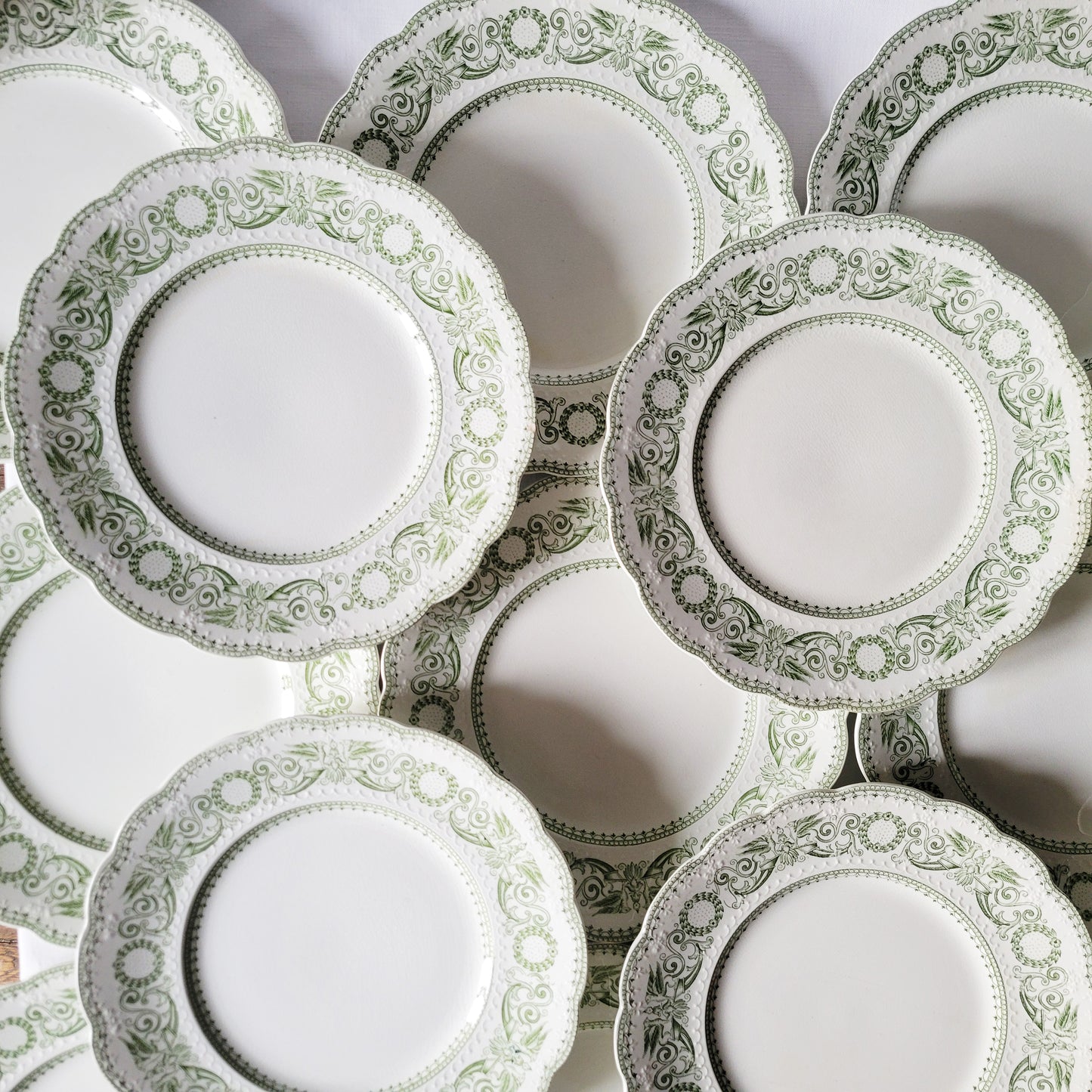 Set of 16 Antique Ridgway Dessert Plates: Green Transferware Empire Pattern