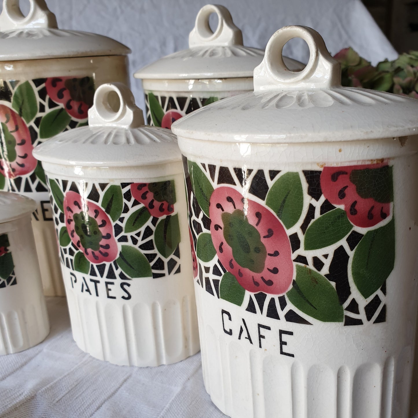 Vintage French Floral Kitchen Canisters, Art Deco Farmhouse Set of 5