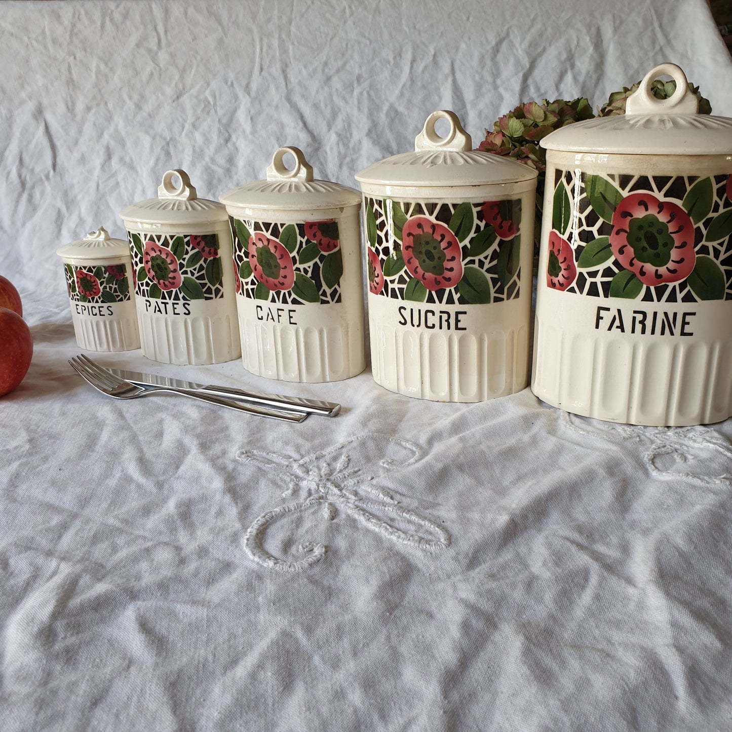 Vintage French Floral Kitchen Canisters, Art Deco Farmhouse Set of 5