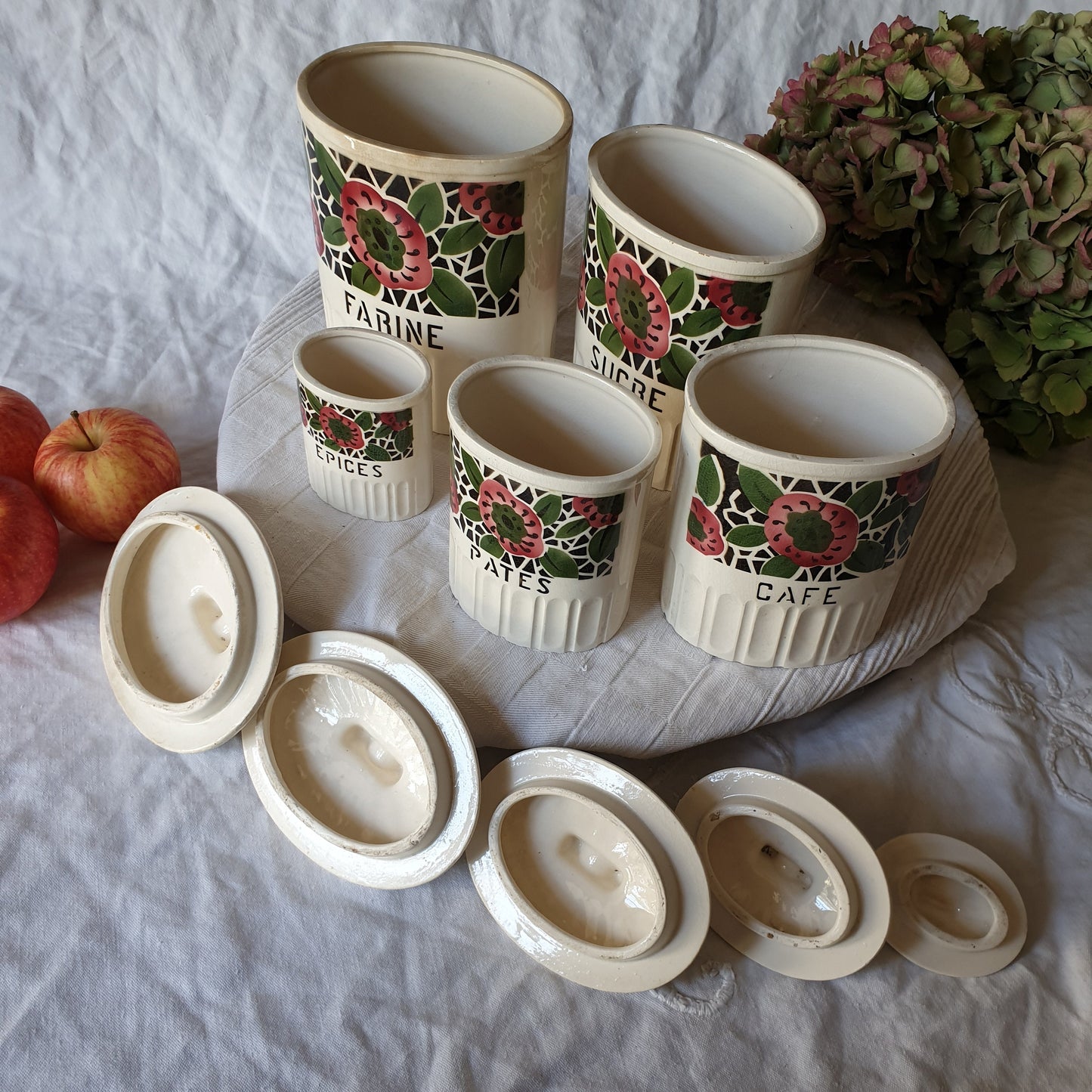 Vintage French Floral Kitchen Canisters, Art Deco Farmhouse Set of 5