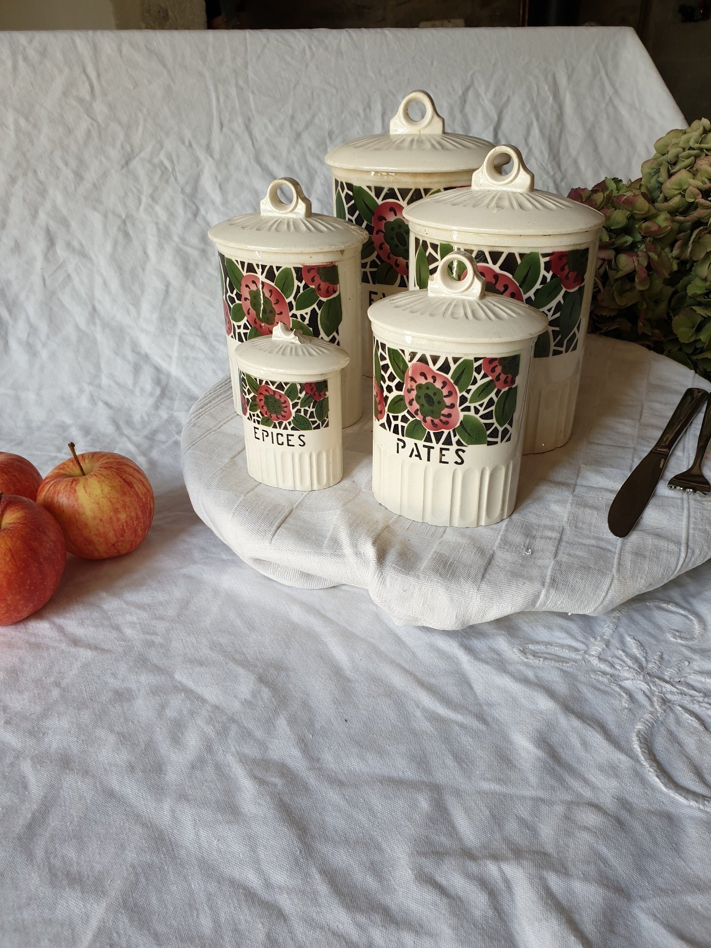 Vintage French Floral Kitchen Canisters, Art Deco Farmhouse Set of 5