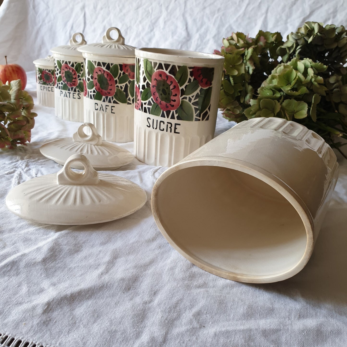 Vintage French Floral Kitchen Canisters, Art Deco Farmhouse Set of 5