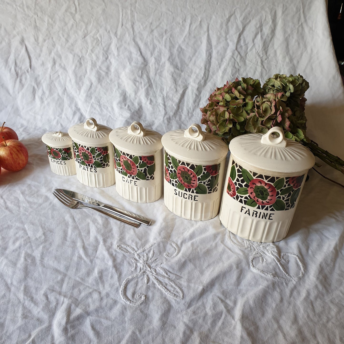 Vintage French Floral Kitchen Canisters, Art Deco Farmhouse Set of 5