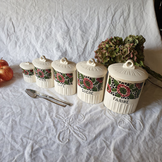 Vintage French Floral Kitchen Canisters, Art Deco Farmhouse Set of 5