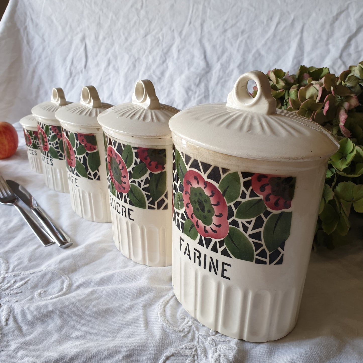 Vintage French Floral Kitchen Canisters, Art Deco Farmhouse Set of 5