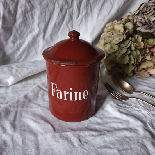 French Vintage Enamel 'Farine' Canister, Farmhouse Kitchen Decor