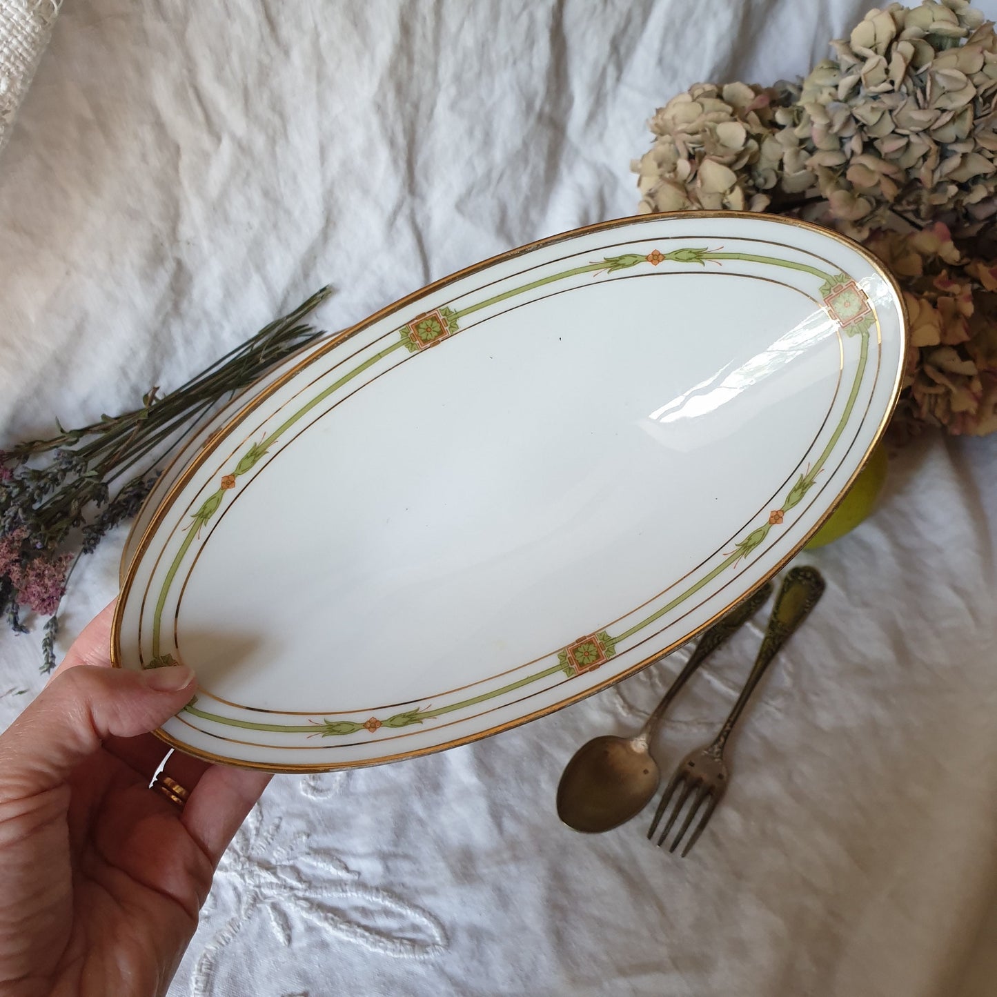 antique Limoges porcelain ravier oval serving dish - polychrome w gold border, orange / green, Belle Epoch design, JB&Cie France