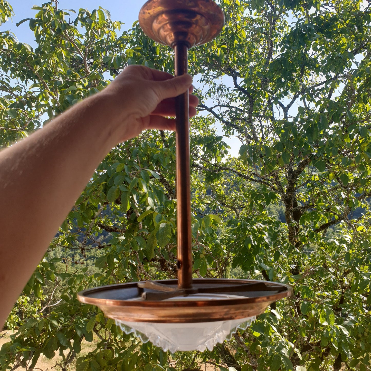 Art Deco EZAN Copper Pendant Light, Icicle Glass Shade, c1930