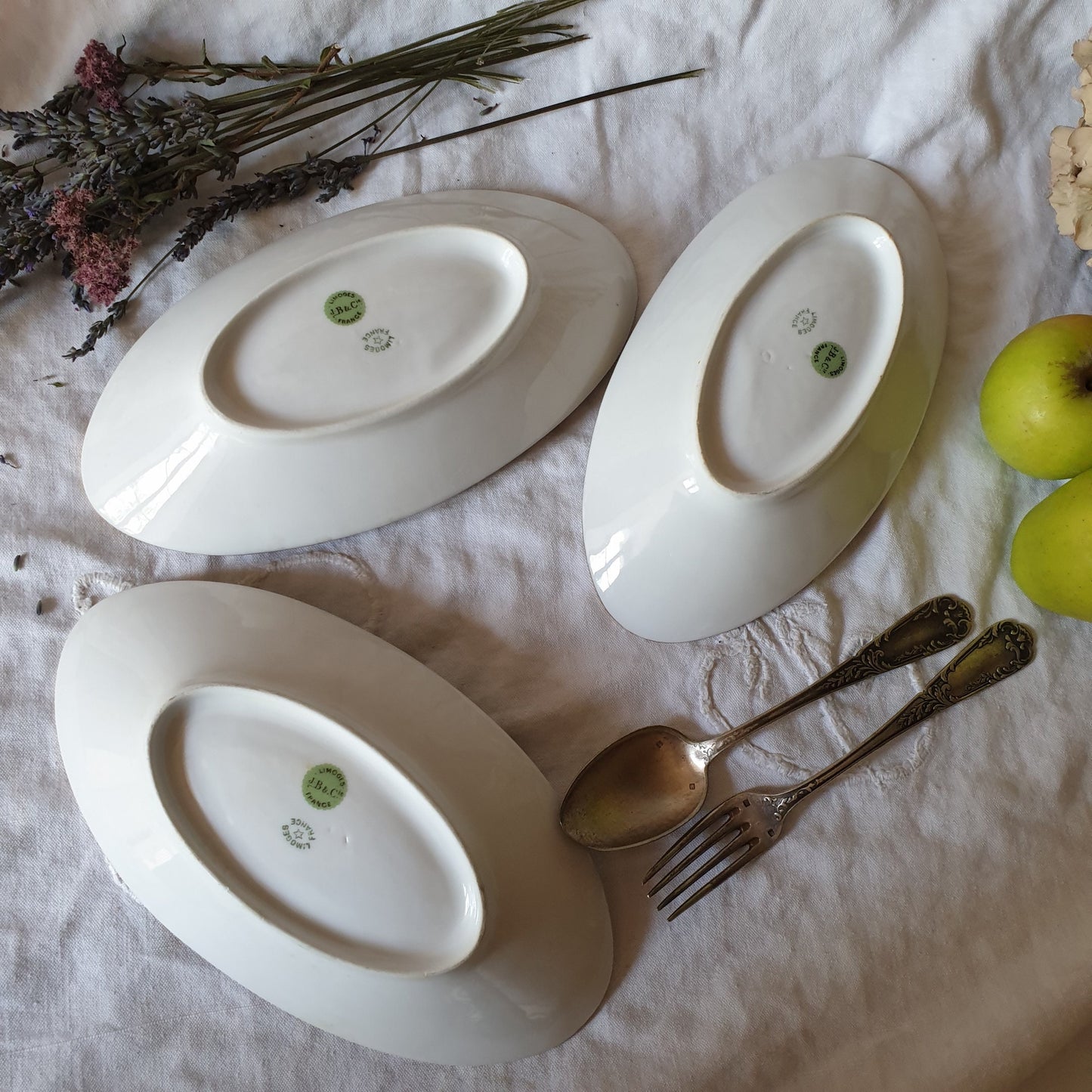 antique Limoges porcelain ravier oval serving dish - polychrome w gold border, orange / green, Belle Epoch design, JB&Cie France