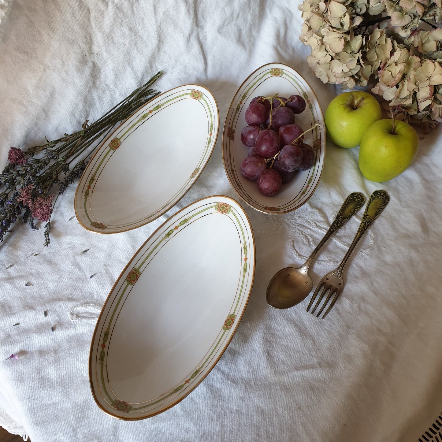 antique Limoges porcelain ravier oval serving dish - polychrome w gold border, orange / green, Belle Epoch design, JB&Cie France